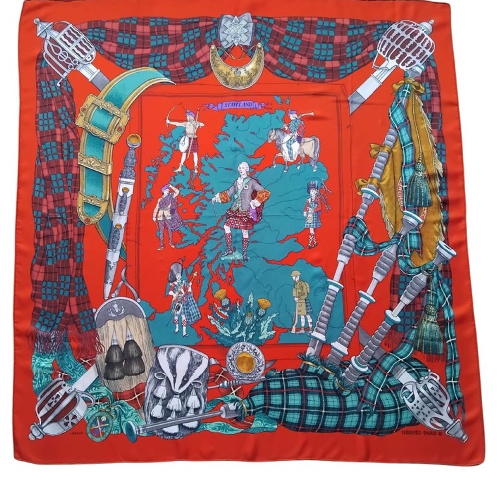Hermès Vintage Silk Scarf Scotland Red Green Philippe LeDoux 35'